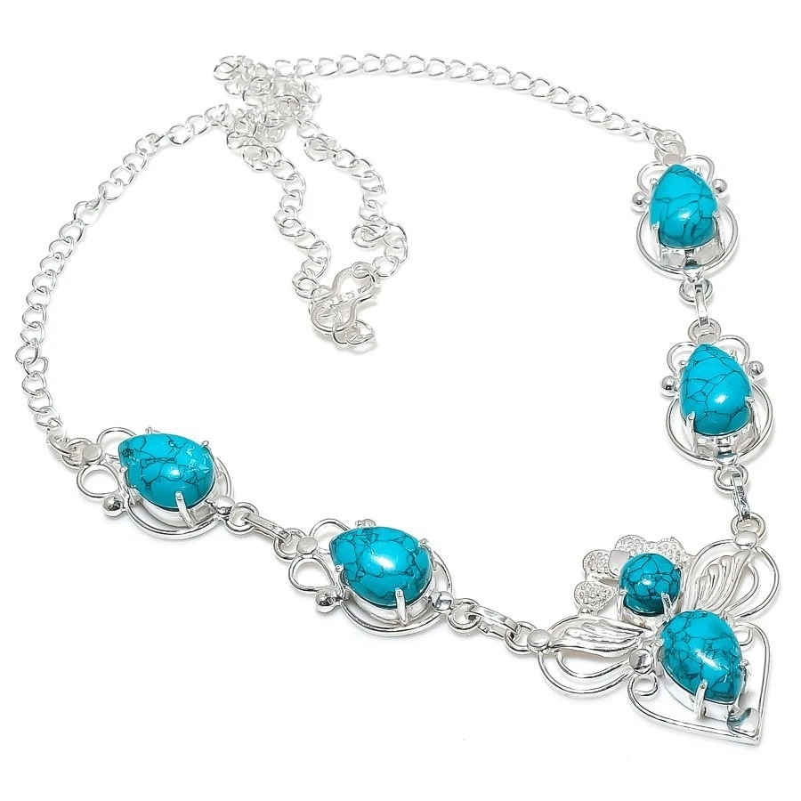 Blue Turquoise Gemstone Handmade 925 Sterling Silver Jewelry Necklace Size 18" - Image 1 of 1