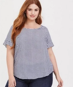 Torrid Ruffle Challis Gingham Blouse Womens 5 Blue 5X Keyhole Button Back Check - Picture 1 of 15