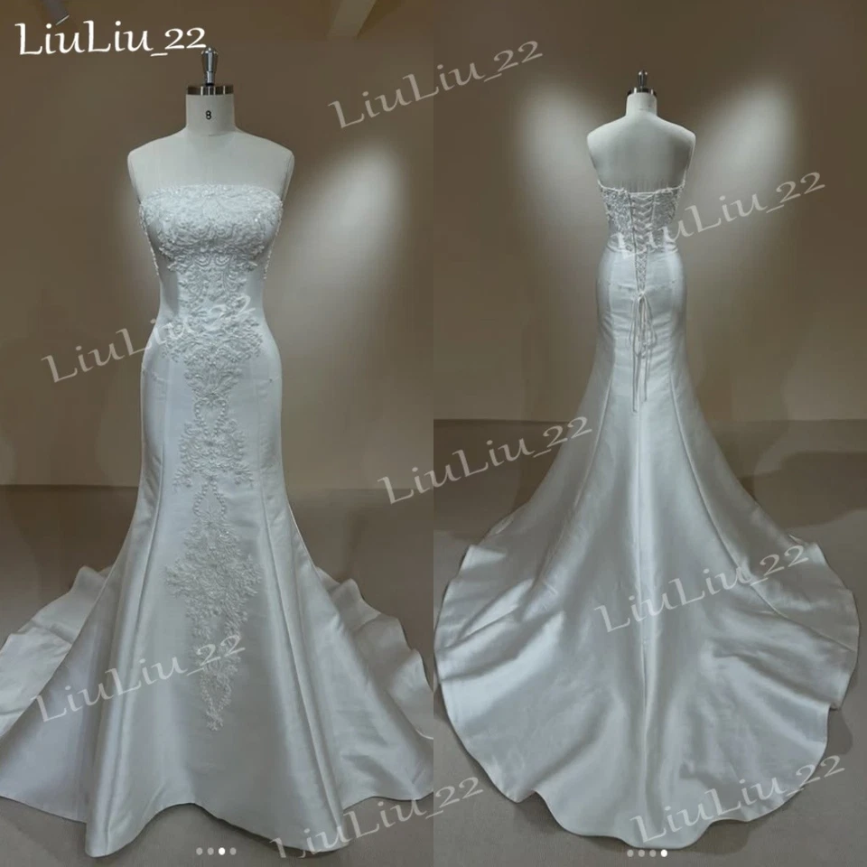 Vestidos de noiva sereia cetim trem varredura apliques de renda vestidos de noiva sem alças - Imagem 1 de 4