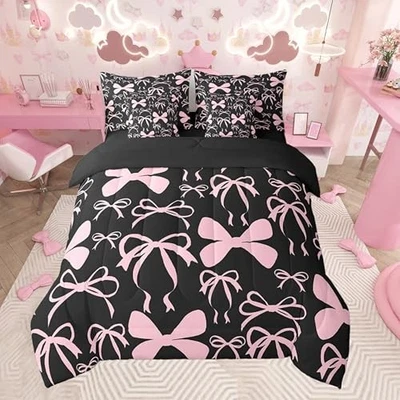 Bow Bedding Set for All Season Boys Girls Size Girls Bow 7 Queen Black Pink - Imagem 1 de 4