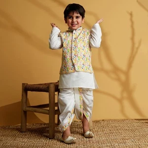 Kids Cotton Sherwani Full Sleeves Printed Printed Dhoti Set For Boys - Picture 1 of 9