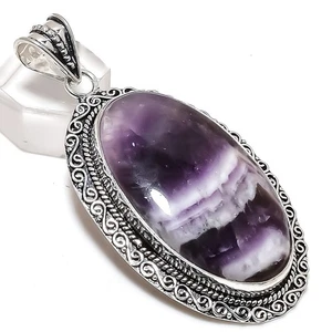 Chevron Amethyst Gemstone Handmade 925 Sterling Silver Pendant 2.80" e881 - Picture 1 of 3