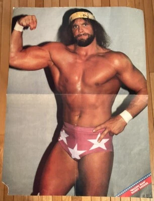 Póster plegable central de revista de lucha libre profesional de 1980 Macho Man Randy Savage Foto 1 de 2