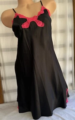 Vintage Cabernet Satin Chemise Slip Dress Small Black Pink Lace - Image 1 of 4