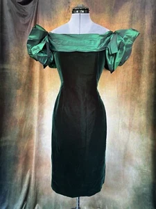 Sz 10 Vintage Victor Costa Emerald Green Velvet Taffeta Bow Off Shoulder Dress - Picture 1 of 15