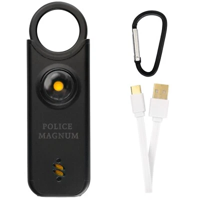 Police Magnum Personal Safety Alarm Keychain- 135dB LED Rechargeable Siren-Black - Image 1 of 4
