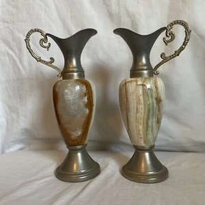 Par de candelabros/jarra de metal y ágata de alabastro de piedra de ónix vintage - Imagen 1 de 18