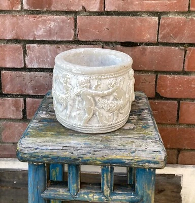 Vintage Concrete Cement 6.5” Round Classical Cherub Garden Planter Pot Heavy - Image 1 of 4