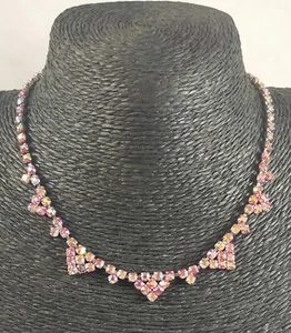 Vintage Pink Crystal Aurora Borealis AB Statement Necklace Silver Tone Sparkly - Picture 1 of 3