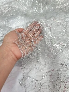 Silver Spider Web Embroidered Lace Sequin Geometric Fabric Sold by the Yard  - Picture 1 of 12