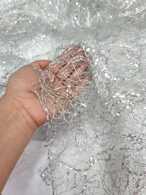 Silver Spider Web Embroidered Lace Sequin Geometric Fabric Sold by the Yard  - Image 1 of 4