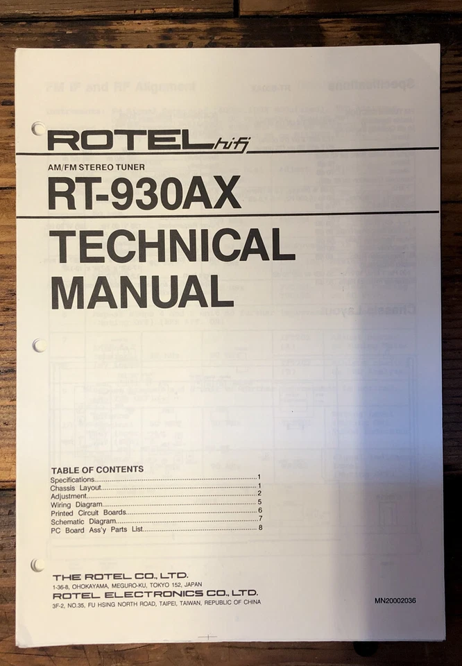 Rotel RT-930AX Tuner  Service Manual *Original* - Image 1 of 1