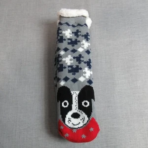 Fur Lined Slipper Socks Womens One Size Gray White Dog Puzzle Knit Cozy NWT - Picture 1 of 5