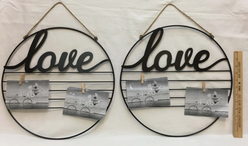 Black Metal Photo Holder Collage Frame w/ Clothespins Clips LOVE Theme Lot of 2 - Image 1 of 4