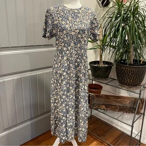 Vintage 90s Y2K Tie Back Blue and Cream Floral Midi/Maxi Dress Size 12P Petite - Picture 1 of 10
