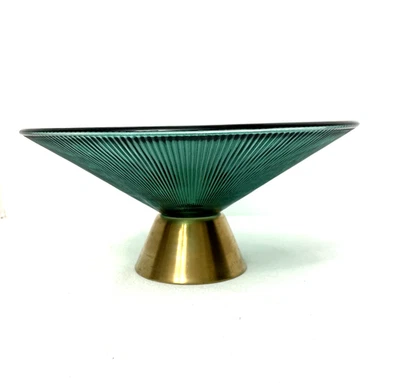 Green Ribbed Pedestal Glass Bowl w/ Gold Finish Metal Base Centerpiece Retro - Image 1 of 4