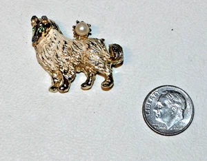 Vintage Collie Hund Brosche grüne Strass Augen Kunstperle - Bild 1 von 2