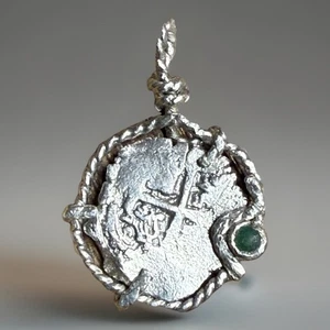 Authentische spanische Kolonialzeit 1 Echt Silber Schiffbruch Cob Münze in Smaragd Lünette - Bild 1 von 20