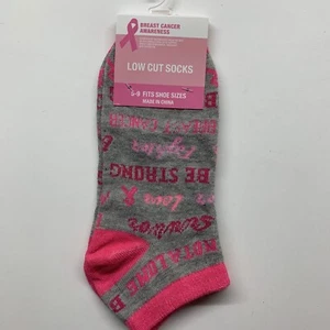 Breast Cancer Awareness Low Cut New Socks Womens Pink Gray 5-9 Be Strong Fight - Picture 1 of 6