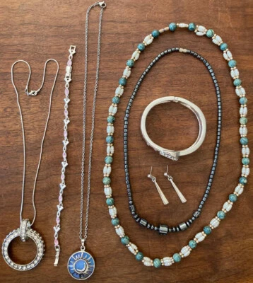 VINTAGE~COSTUME JEWELRY~4 NECKLACES~2 BRACELETS~EARRINGS~PEARLS~OPAL~RHINESTONES - Image 1 of 4