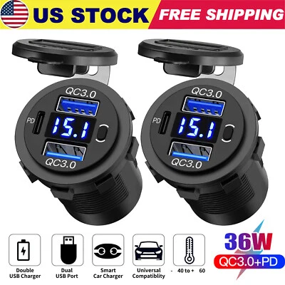 2 PACK 12V-24V Dual USB QC 3.0 + PD 36W Car Fast Charger Socket Power Outlet USA - Image 1 of 4