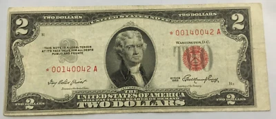 1953 $2.00 TWO DOLLAR RED SEAL STAR NOTE NICE circulated wide right margin - Image 1 of 2