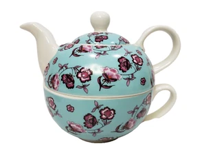 Whittard of Chelsea Stacked Teapot for One and Cup Aqua Ceramic Pink Flowers - Picture 1 of 8