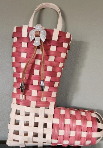 Hanging Woven Basket Shaped as a Stocking Sock or Boot w Bolo Bird Tie Cover