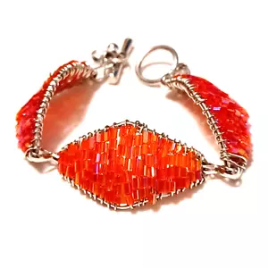 Glassamen Perlenarmband Korallenmelone schillernd Silberdraht Kippverschluss 7" - Bild 1 von 23