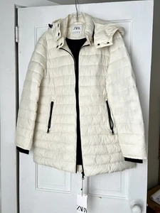 Zara Neu Elfenbein Puffer Mantel abnehmbare Kapuze Off White Jacke Reißverschluss Gr. XL L - Bild 1 von 19