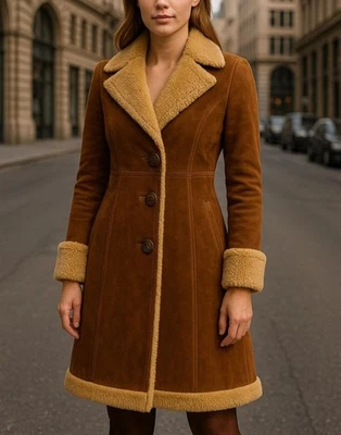 Women’s Shearling Coat – Vintage sheepskin Suede Leather Jacket with Fur Lining - Image 1 of 4