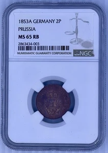 1853 A Deutschland 3 Pfennig MECKLENBURG-SCHWERIN . NGC MS 65 RB Münze - Bild 1 von 6