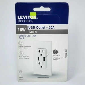 Leviton Decora USB Type A Outlet 18W White T5832-BW - Picture 1 of 6