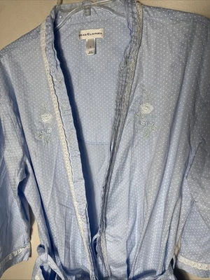 Miss Elaine Polka Dot Cotton Robe Large Embroidered Floral Lace Belt - Image 1 of 4