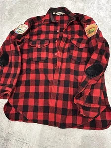 Vintage Woolrich Wool Flannel Button Up Red Black Elbow Pads & Patches Sz L - Picture 1 of 13