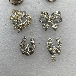 Vintage Lapel Hat Pinbacks 4 Bow Heart Horseshoe Faux Jewels Old Estate B203 - Picture 1 of 9