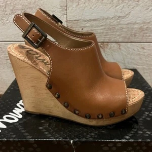 SAM EDELMAN Women’s Tan Leather Studded Wooden Wedge Camilla Sandals Size 6 - Bild 1 von 6