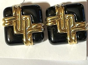 Vintage Avon quadratische schwarze Lucite & goldfarbene Metall Clip-on Ohrringe 1" SCHÖN - Bild 1 von 4
