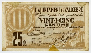 # SPAIN CIVIL WAR 1937 • VALLCEBRE 25c MUNICIPAL ☆ GUERRA CIVIL ESPAÑOLA ☆D0351 - Picture 1 of 2