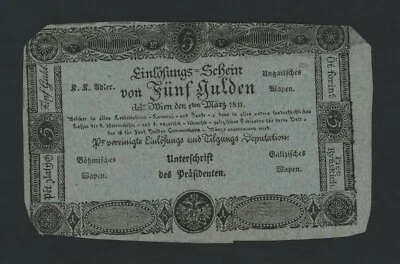 AUSTRIA  5 GULDEN  1811  `` FORMULARE ``  PICK # A46b XF. - Image 1 of 2