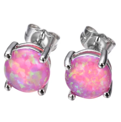 Sterling Silver 6mm Round Fire Opal Stud Earrings Women Men Sensitive Ears PE19 - Image 1 of 4