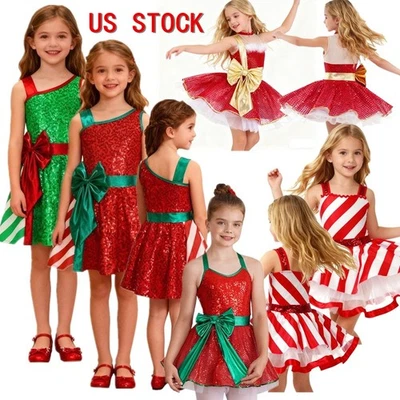 Disfraz de Papá Noel de Navidad para niña de EE. UU. Bastón de Caramelo Baile Unitard Mono Vestido Foto 1 de 3