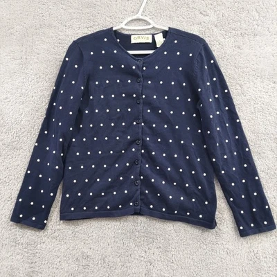 Orvis毛衣女式小号波点纽扣开衫棉海军蓝白色 — 第 1/4 张图片