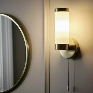Bathroom Wall Light - Satin Brass Opal Glass | IP44 LED Wall Sconce - Picture 1 of 5