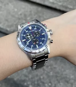 Citizen Watch * Sports Eco-Drive AT2520-89L Chronograph Blue Dial Silver Steel - Picture 1 of 7