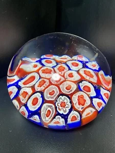 Beautiful Magnum Vintage Millefiori Paperweight - Blue White Red Floral 3”x 2.5” - Picture 1 of 5