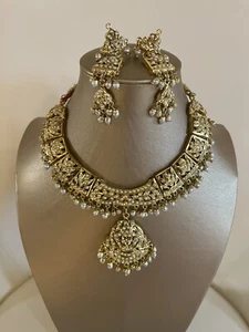 Goldene Halskette Ohrringe Set weiße Perle Jadau handgefertigt - Bild 1 von 6