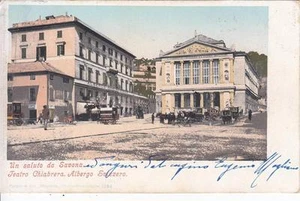 A8694) UN SALUTO DA SAVONA, TEATRO CHIABRERA E ALBERGO SVIZZERO. VIAGGIATA. - Bild 1 von 1