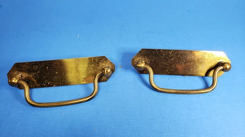 Vintage Drop Bail Drawer Pulls Solid Brass 4 3/8" x 1 3/4" Back Plate Pair Cover