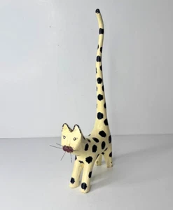 Vintage Kunsthandwerk geschnitzt Holz gepunktet Katze gerader Schwanz Figur mehrfarbig - Bild 1 von 10